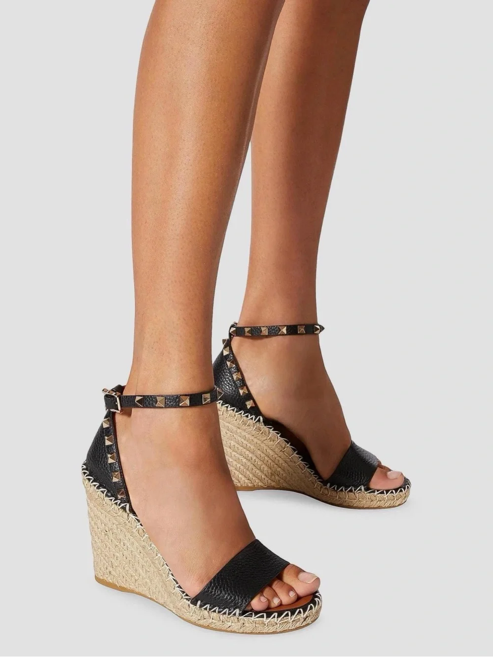 Valentino Black Leather Rockstud Espadrille Wedge Sandals